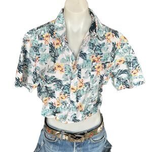 Hawaiian Shirt Button Down Crop Top One Size Boxy Coconutgirl Cotton Unique Blue